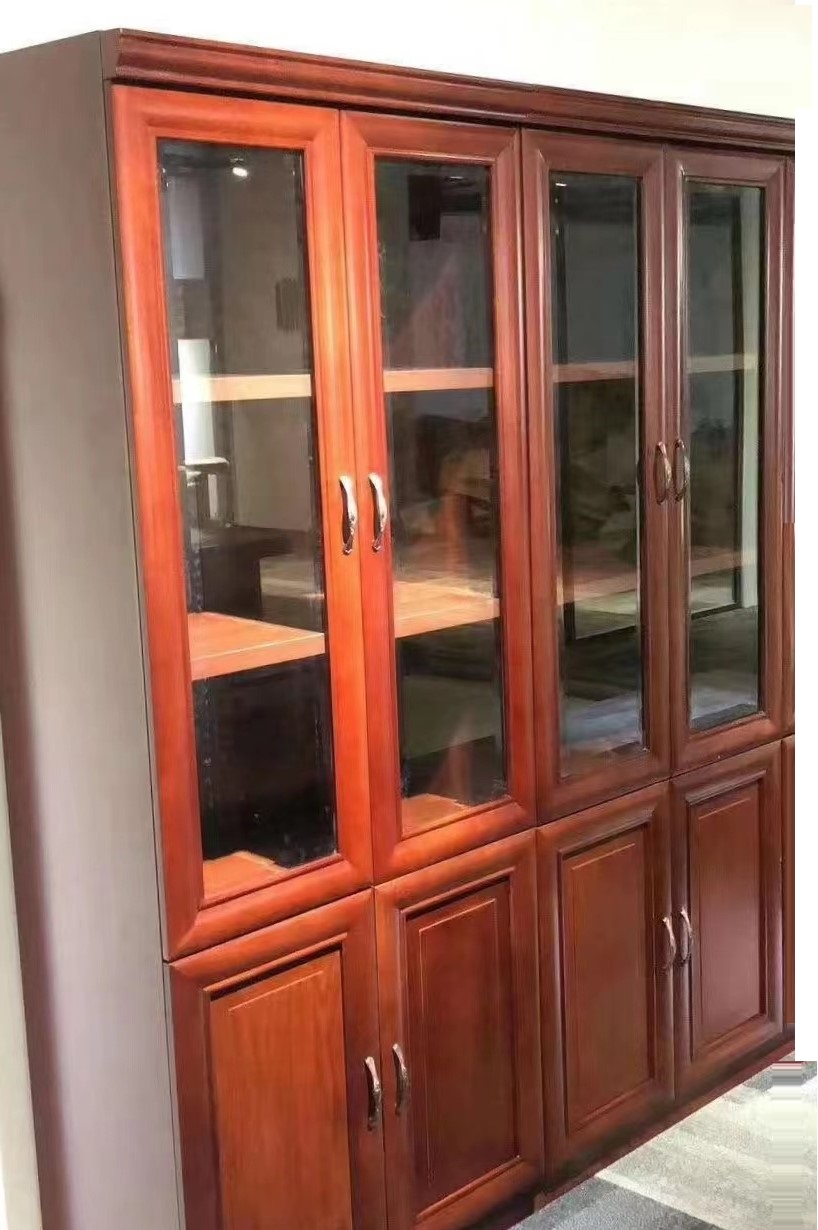 四門書柜  文件柜油漆實木貼皮資料柜書柜書櫥紅胡桃色